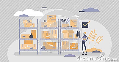 Inventory management with goods demand and stock supply tiny person concept Vector Illustration