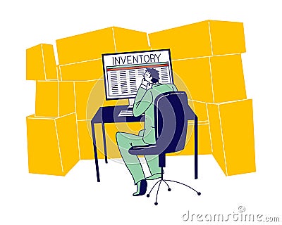 Inventory Manager Male Character Sitting in Warehouse with Stacks of Carton Boxes Working on Computer Vector Illustration