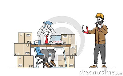 Inventory Managers Work in Warehouse with Stacks of Boxes and Pc Checking List of Goods for Distribution. Logistic Vector Illustration