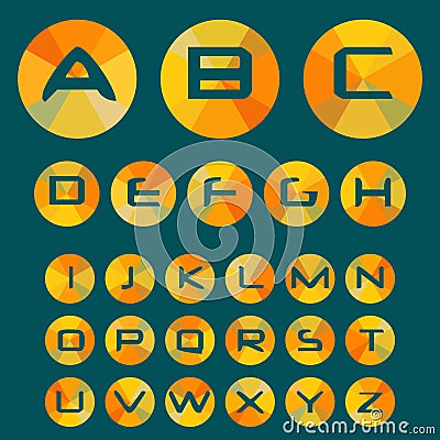 Font with letters in circles with colored rays Vector Illustration