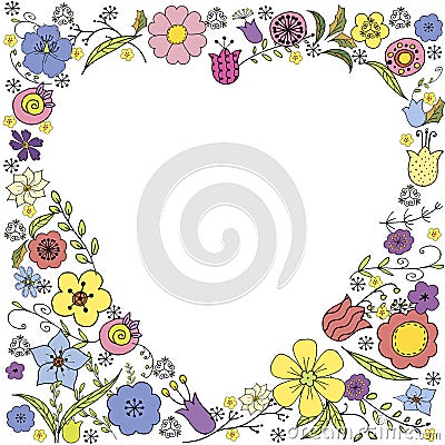 Inverse heart Doodle with colorful flowers and the inscription in vector on white background Vector Illustration