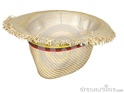 Inverted straw hat with colorful ribbon isolated on white background. Stock Photo