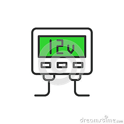 Inverter 12 - 220 V icon in line design, green. Inverter, 12V, 220V, Power, DC, AC, Voltage, Converter isolated on white Vector Illustration