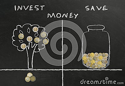 Invest or save the drawing drawn on the blackboard with chalk and coins. Stock Photo