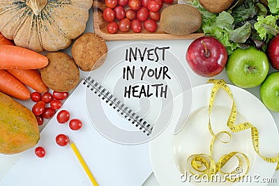 Invest in your health , Healthy lifestyle concept with diet and fitness , Get fit in , fitness equipment and healthy food Stock Photo