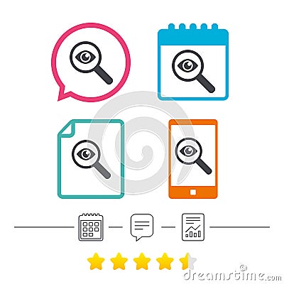 Investigate icon. Magnifying glass with eye. Vector Illustration