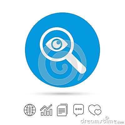 Investigate icon. Magnifying glass with eye. Vector Illustration