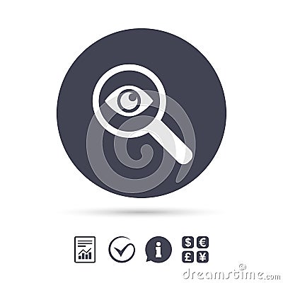Investigate icon. Magnifying glass with eye. Vector Illustration