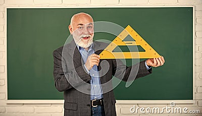 Investigation and research. Develop attitude openness and flexibility towards learning. Man bearded tutor chalkboard Stock Photo