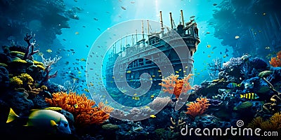 Investigation of an underwater shipwreck. A stunning view of a sunken ship surrounded by schools of tropical fish. Stock Photo