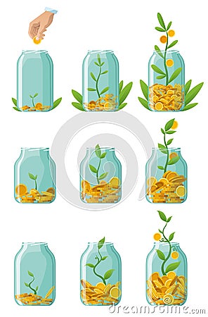 Investing bottle money, icon set. Money growing concept, finance savings tree, finances investment. Money growing plant Vector Illustration
