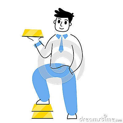 Investing in gold. Businessman with bunch of bullion. Stack of Yellow metal bars or ingot Vector Illustration