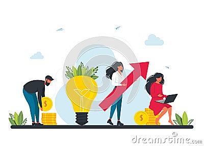 Investing in an idea or starting a business.tiny businessmans with big red arrow stands next to big light bulb, coins. Vector Illustration