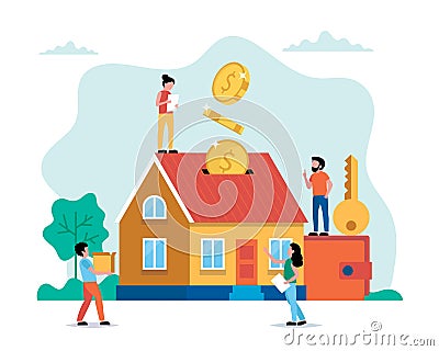 Investing money in real estate, buying house, small people doing various tasks. Concept vector illustration in flat Vector Illustration