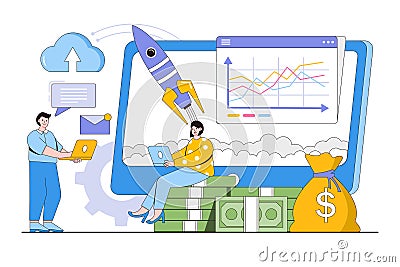 Investing online business to make money concept. Passive income from working in internet. Outline design style minimal vector Cartoon Illustration