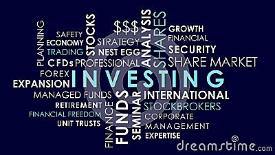 Investing and share market related words animated text word cloud. Stock Photo