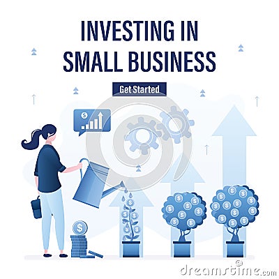 Investing in small business, landing page template. Startups, business incubator. Businesswoman or investor watering money trees. Vector Illustration