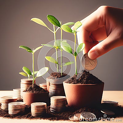 Investing to green business. Plant growing out of coins. Financial growth concept. Stock Photo