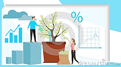 Investing vector illustration. Growing money tree. Deposit profit and wealth growing business. Teamwork persons Vector Illustration