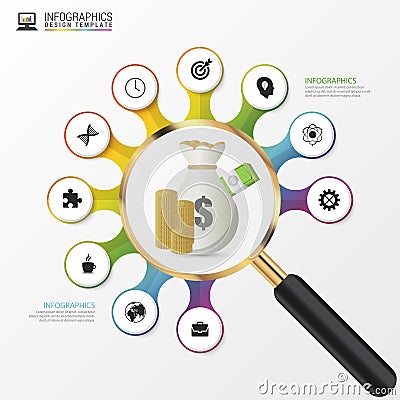 Investment analysis graphic design concept with magnifying glass. Vector Vector Illustration