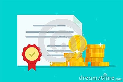 Investment bond or stock obligation document with seal stamp and money vector flat cartoon illustration, legal grant Vector Illustration