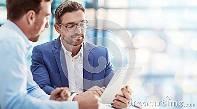 Investment, business people and manager with employee, tablet and accountant with internet, cooperation and planning Stock Photo