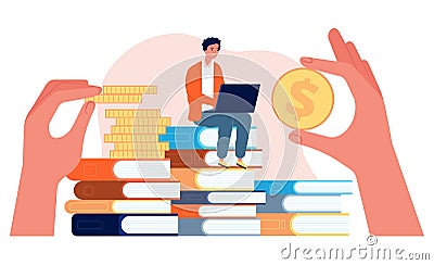 Investment in education. Student with laptop sit on stack of books. Hands holding coins vector illustration Vector Illustration