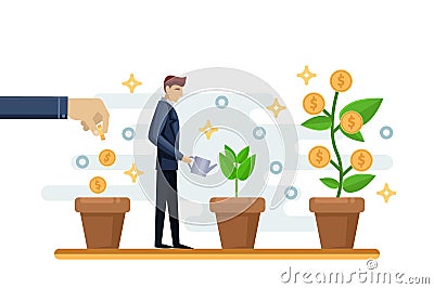 Investment finance growth business concept. Businessman putting coin in pot and watering money tree. Vector illustration Vector Illustration