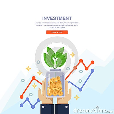 Investment and finance growth business concept. Hand holding clear bottle with coins and green tree. Vector illustration Vector Illustration