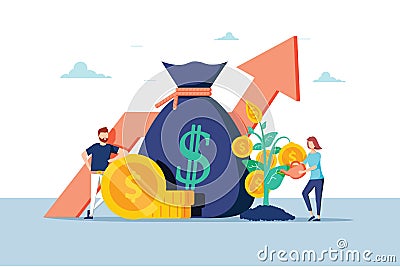 Investment Financial Business People Increasing Capital and Profits. Wealth and Savings with Characters. Earnings Money Vector Illustration