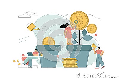 Investment. Financial growth. Successful business. Smart investment. Money grows from a pot. People grow money in flower pots Vector Illustration
