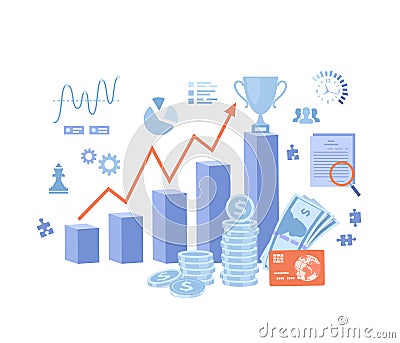 Investment, financial success, strategic management. Income chart, profit growth steps, money, documents, winner`s cup. Business Vector Illustration
