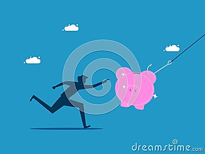 Investment fraud. man grabs a piggy bank on a hook. Vector Illustration