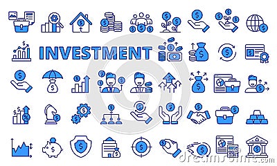 Investment icons set in line design blue. Business, Finance, Wealth, Growth, Income, Money, Investor, Portfolio, Risk Vector Illustration