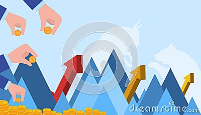 Investment ideas and savings in the form of digital. Hands holding money with arrows and thought goals. Trade market Stock Photo