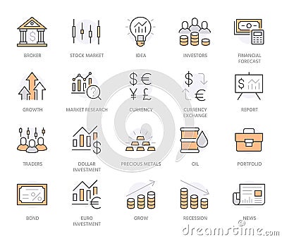 Investment line icon set. Stock market, bond, financial analysis, broker, income increase minimal vector illustration Vector Illustration