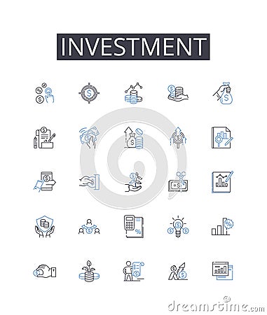 Investment line icons collection. Capital expenditure, Fiscal asset, Financial contribution, Equity stake, Mtary wager Vector Illustration