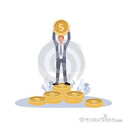 Investment management concept. Businessman raise the big golden coins on the coin stack. Flat vector cartoon character Vector Illustration
