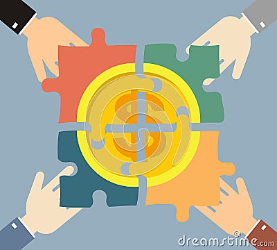 Investment money illustration. Four hands businessman folded gold coin consists of puzzles. Business, finance concept. Cartoon Illustration
