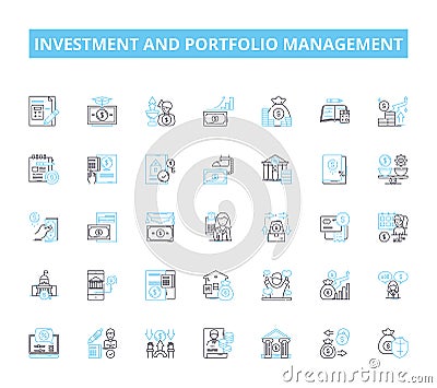 Investment and portfolio management linear icons set. Diversification, Yield, Asset allocation, Risk tolerance, Return Vector Illustration