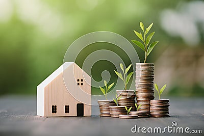 Investment in the real estate business. Money coin stack growing graph and wood house model. Loans for the purchase of residential Stock Photo