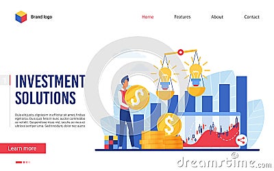 Investment solutions vector illustration, cartoon investor businessman character holding gold money coins, choosing Vector Illustration