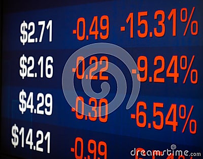 Investment stock market crash red percentage price decrease in downturn causing stress and worry. Portfolio going down. Stock Photo