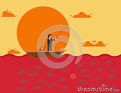 Investment strategies and ideas. Businessman standing on a boat and fishing with coins, Ideas to attract money and investments Stock Photo