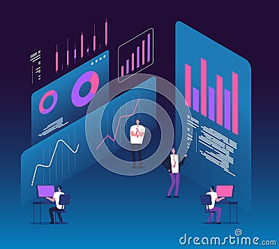 Investment strategy isometric concept. People with analytics data diagrams. Digital business technology marketing 3d Vector Illustration