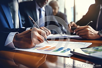 Investment strategy meeting: chart analysis and data insights Stock Photo