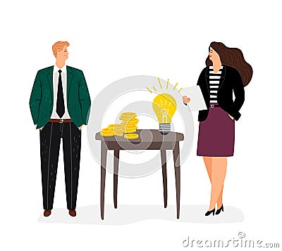 Investments, businessman and creative girl. Vector Illustration
