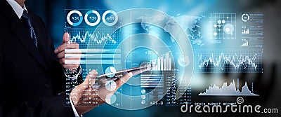 Investor analyzing stock market report and financial dashboard with business intelligence BI Stock Photo