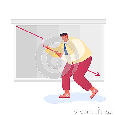 Investor Lose Money on Stock Market. Desperate Businessman Trying to Rise Up Decline Red Arrow on Chart Board Vector Illustration