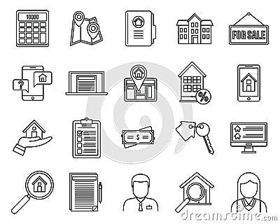 Investor realtor icons set, outline style Vector Illustration